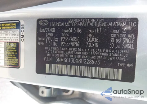 2008 Hyundai Santa Fe Gls from USA, damaged, VIN 5NMSG13DX8H228575